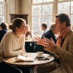 Marktonderzoeker en klant in gesprek aan houten cafétafel, warme middag licht door ramen, Amsterdam setting
