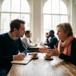Marktonderzoeker met notitieboek luistert aandachtig naar oudere vrouw in Amsterdam café met warme houten tafel en koffiekopjes
