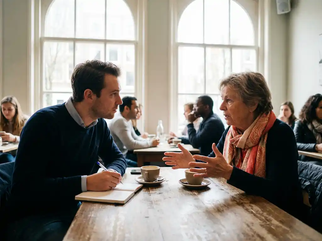 Marktonderzoeker met notitieboek luistert aandachtig naar oudere vrouw in Amsterdam café met warme houten tafel en koffiekopjes