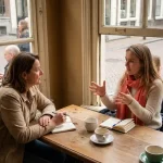 Marktonderzoeker luistert aandachtig naar jonge professional die expressief gebaart in warm Amsterdams café met natuurlijk licht
