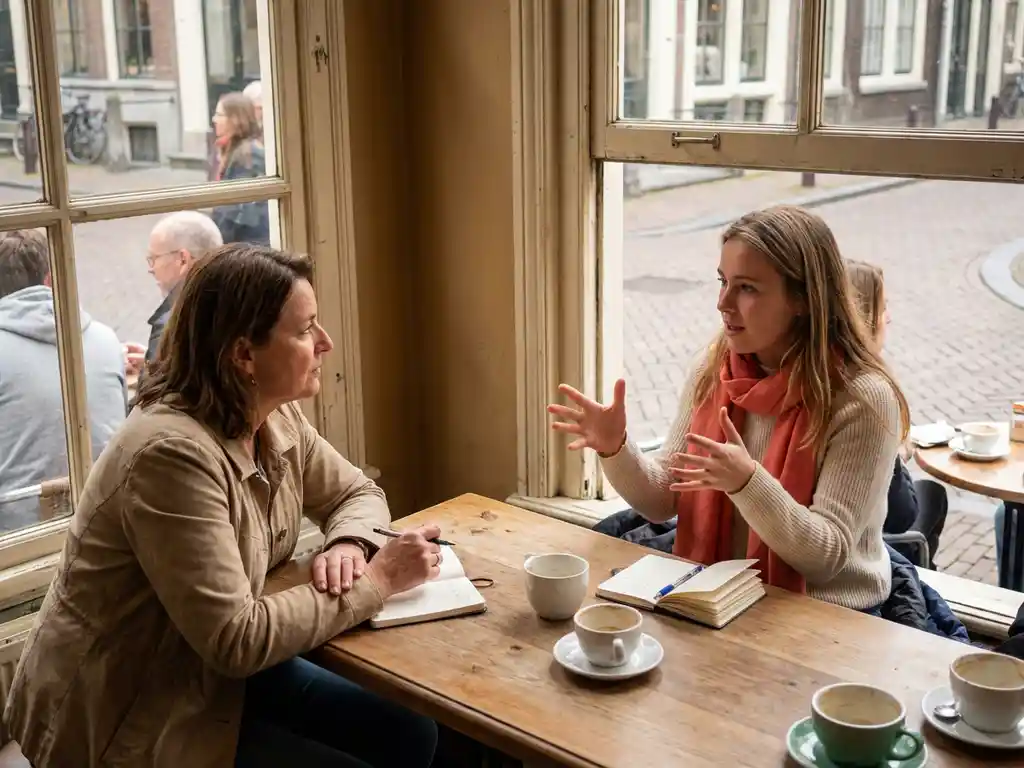 Marktonderzoeker luistert aandachtig naar jonge professional die expressief gebaart in warm Amsterdams café met natuurlijk licht