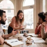 Marktonderzoeker luistert aandachtig naar diverse klanten die feedback delen aan café tafel met koffiekopjes en notitieblokken