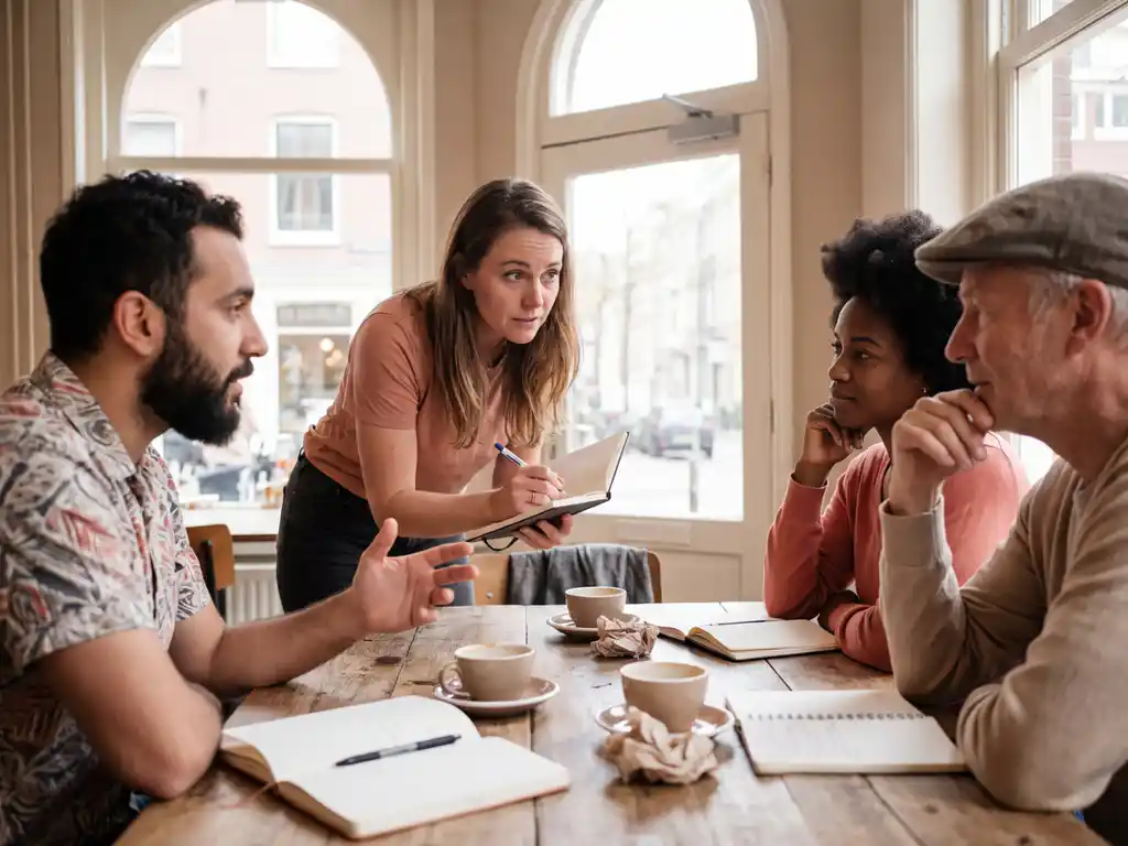 Marktonderzoeker luistert aandachtig naar diverse klanten die feedback delen aan café tafel met koffiekopjes en notitieblokken
