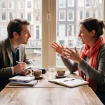 Marktonderzoeker in gesprek met klant in warm Amsterdam café, natuurlijk daglicht door grote ramen
