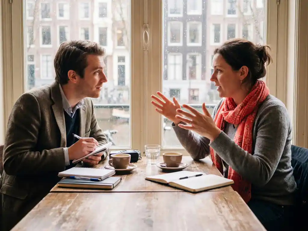 Marktonderzoeker in gesprek met klant in warm Amsterdam café, natuurlijk daglicht door grote ramen