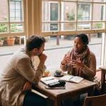 Marktonderzoeker luistert aandachtig naar klant in gezellig Amsterdam café met warme daglichttinten