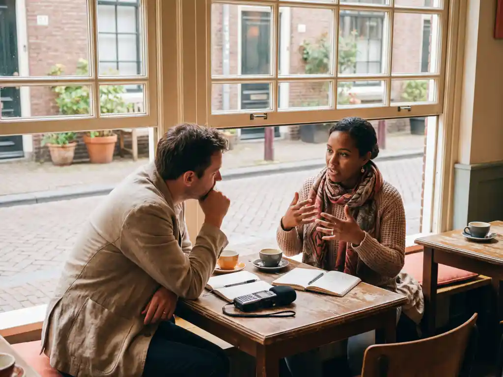 Marktonderzoeker luistert aandachtig naar klant in gezellig Amsterdam café met warme daglichttinten
