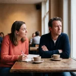 Marktonderzoeker met notitieboek tegenover sceptische deelnemer in warm Amsterdam café, onderzoeker leunt nieuwsgierig voorover