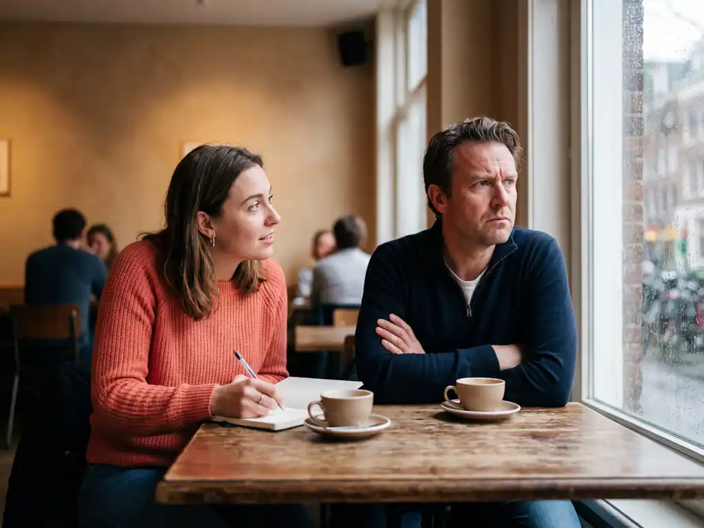 Marktonderzoeker met notitieboek tegenover sceptische deelnemer in warm Amsterdam café, onderzoeker leunt nieuwsgierig voorover