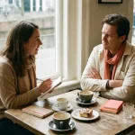 Marktonderzoeker leunt nieuwsgierig naar voren terwijl deelnemer defensief armen kruist in warm Amsterdam café