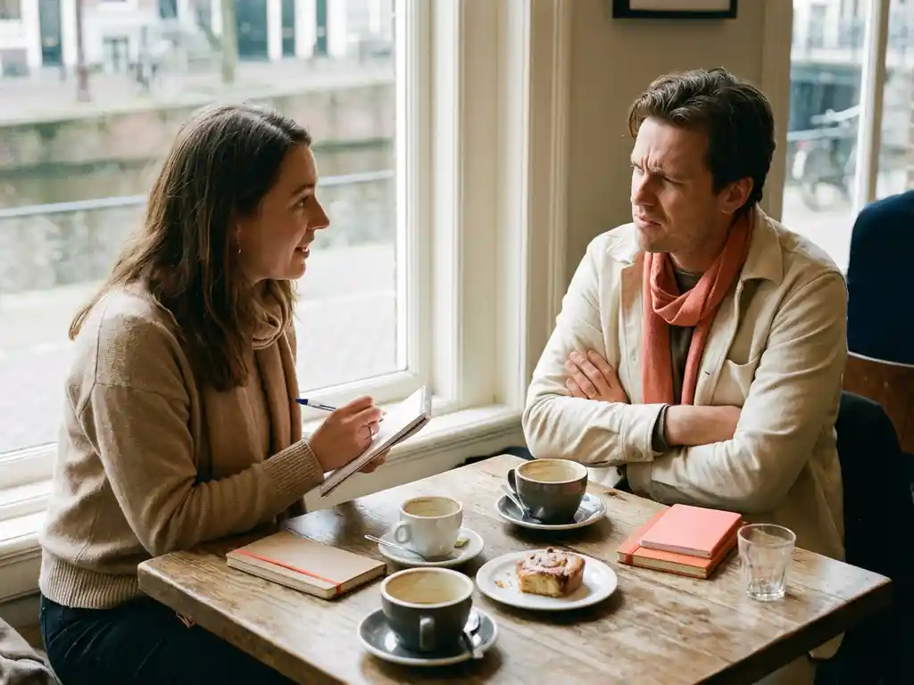 Marktonderzoeker leunt nieuwsgierig naar voren terwijl deelnemer defensief armen kruist in warm Amsterdam café