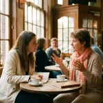 Marktonderzoeker luistert aandachtig naar diverse deelnemer die expressief gebaart aan café tafel in Amsterdam