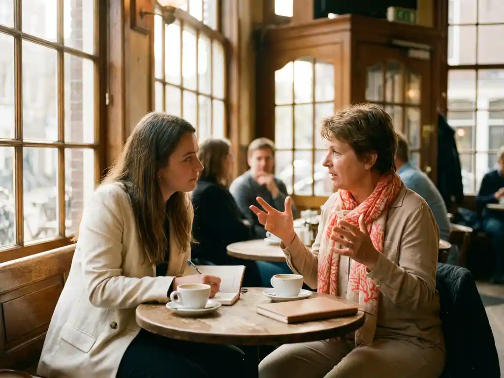 Marktonderzoeker luistert aandachtig naar diverse deelnemer die expressief gebaart aan café tafel in Amsterdam