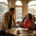 Marktonderzoeker luistert aandachtig naar diverse deelnemer die expressief gebaart aan houten café tafel in Amsterdam