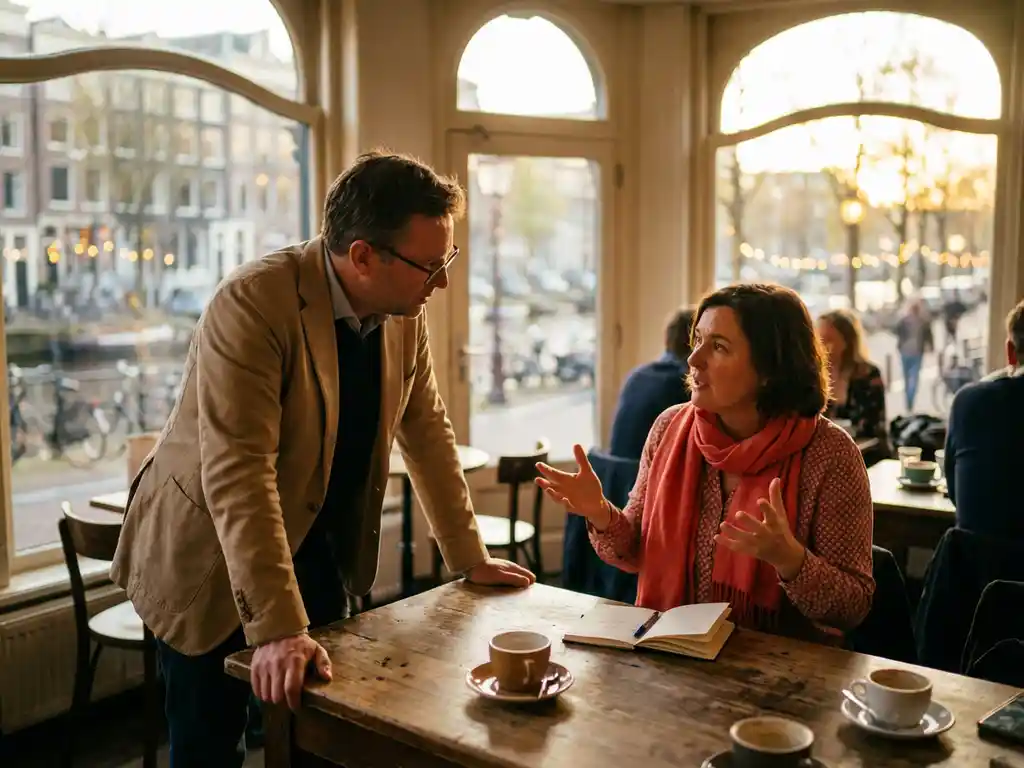 Marktonderzoeker luistert aandachtig naar diverse deelnemer die expressief gebaart aan houten café tafel in Amsterdam