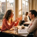 Marktonderzoeker met krullend haar legt inzichten uit aan aandachtige klant aan houten cafétafel in Amsterdam