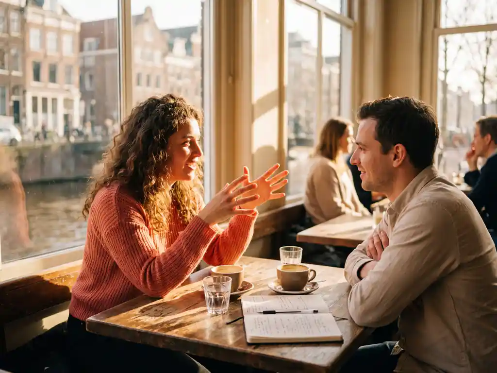 Marktonderzoeker met krullend haar legt inzichten uit aan aandachtige klant aan houten cafétafel in Amsterdam