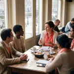 Marktonderzoeker in geanimeerd gesprek met diverse klanten rond houten tafel in Amsterdam café, natuurlijk licht