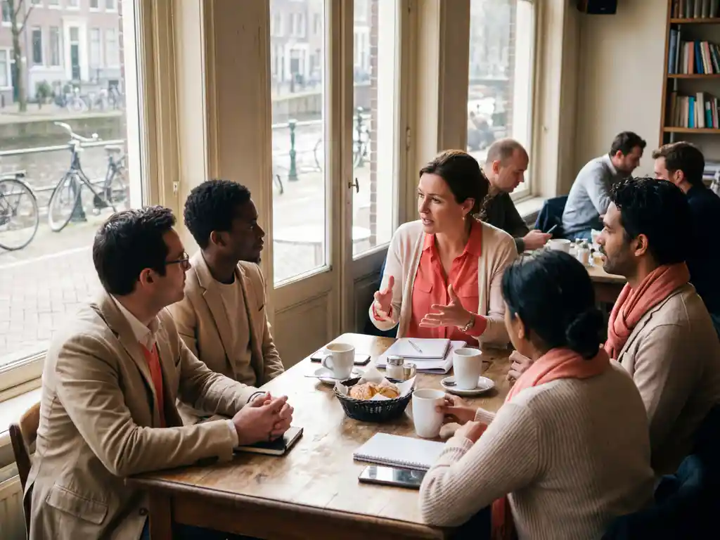 Marktonderzoeker in geanimeerd gesprek met diverse klanten rond houten tafel in Amsterdam café, natuurlijk licht