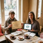 Twee vrouwen vergelijken vintage papieren logo met moderne versie op tablet in Amsterdam café met natuurlijk licht