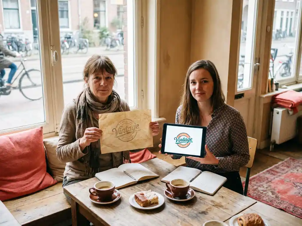 Twee vrouwen vergelijken vintage papieren logo met moderne versie op tablet in Amsterdam café met natuurlijk licht