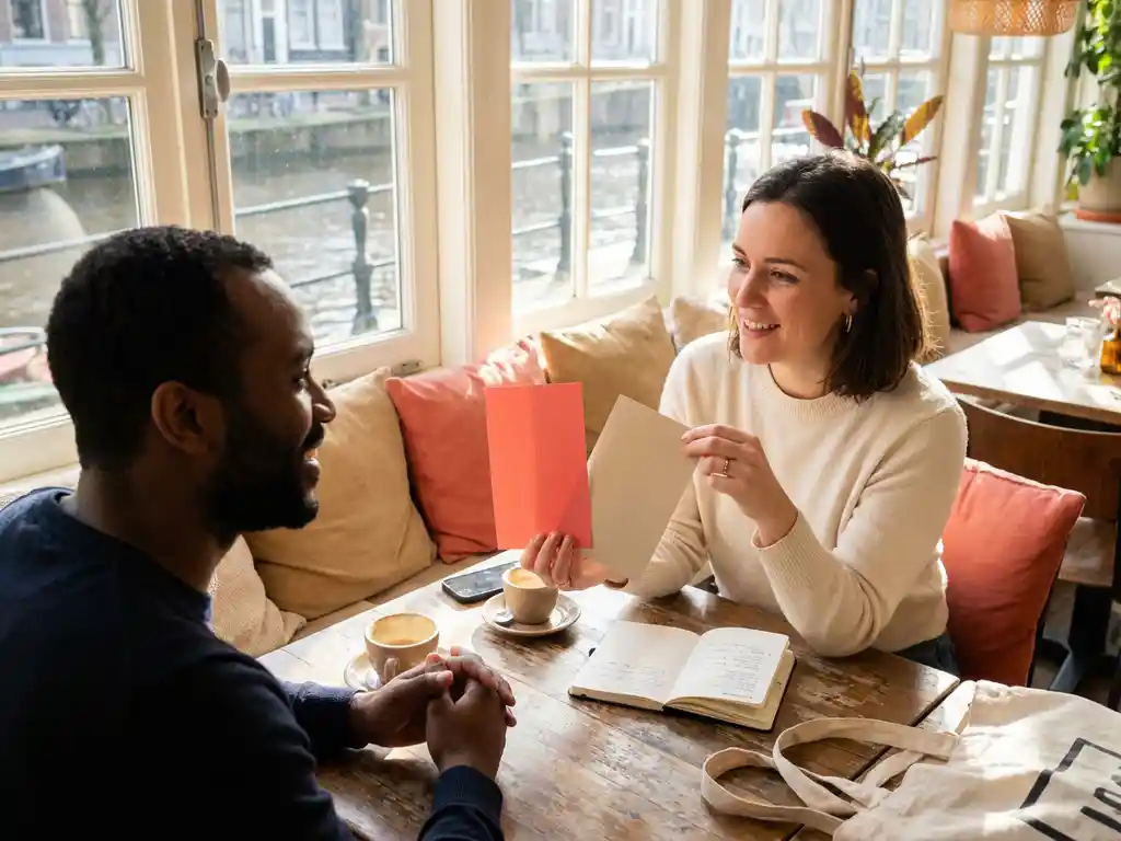 Marketing professional vergelijkt koraalrode en beige kleurstalen met collega aan houten cafétafel in Amsterdam