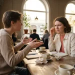 Twee mensen aan houten café tafel, één gebarend met open handpalmen, ander leunend voorover met verwarde uitdrukking