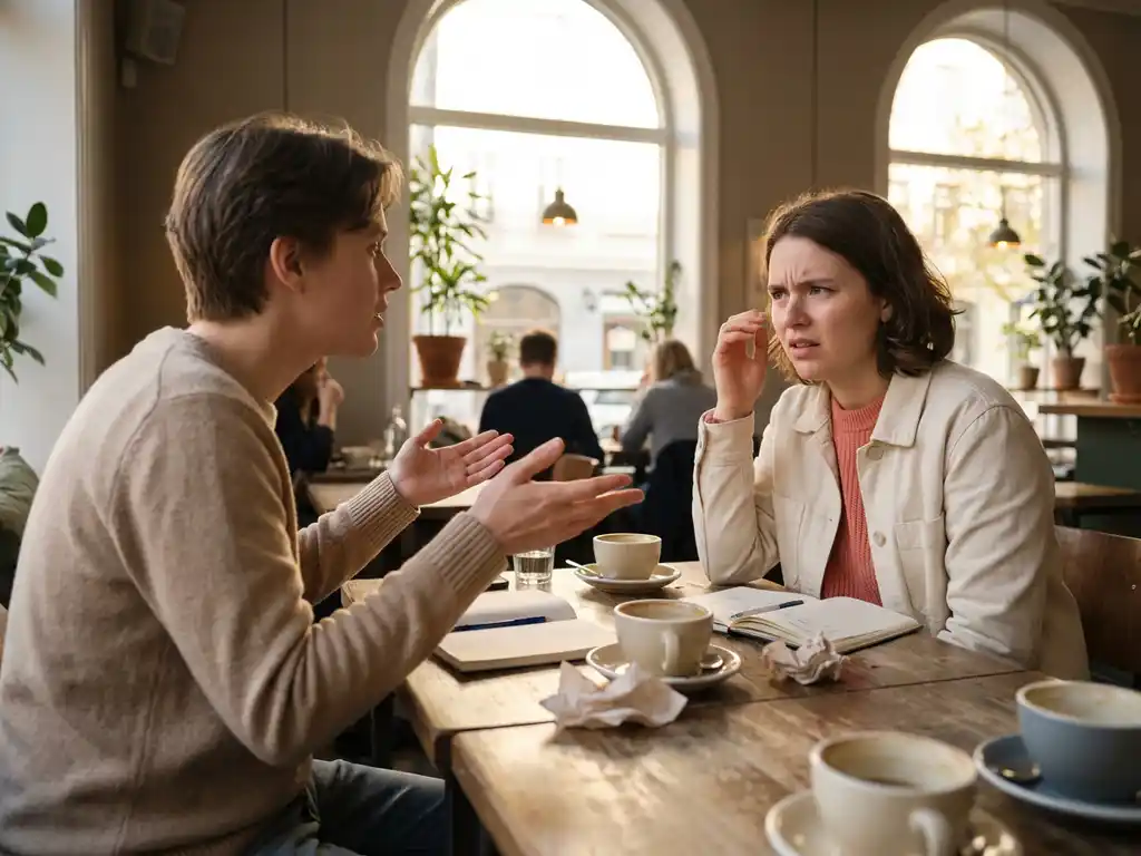 Twee mensen aan houten café tafel, één gebarend met open handpalmen, ander leunend voorover met verwarde uitdrukking