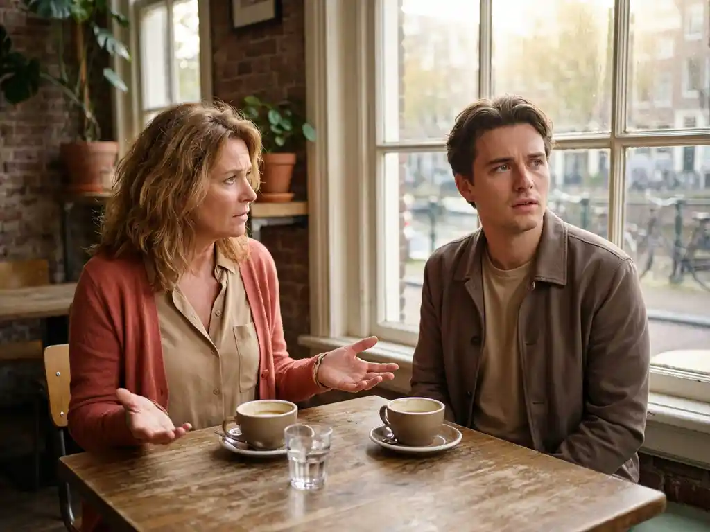 Professionele vrouw gebaart naar jongere collega die wegkijkt in Amsterdam café met warme houten tafel en onberoerde koffiekopjes