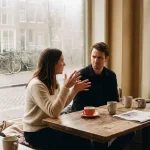 Vrouw praat bezorgd met collega aan houten café tafel in warm Amsterdams koffiehuis met natuurlijk licht