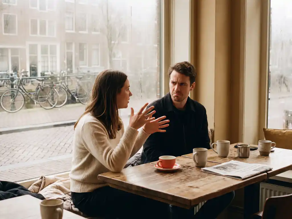 Vrouw praat bezorgd met collega aan houten café tafel in warm Amsterdams koffiehuis met natuurlijk licht