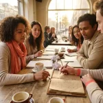 Diverse ondernemers bespreken conceptideeën rond houten cafétafel in Amsterdam, warme middagzon door ramen