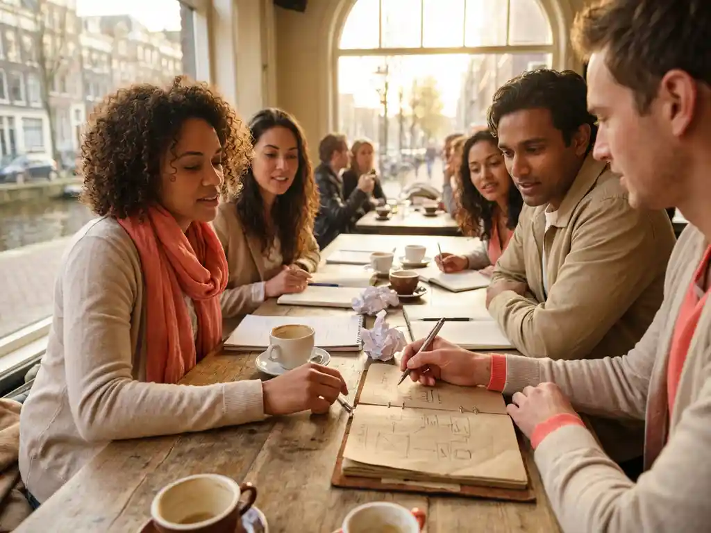 Diverse ondernemers bespreken conceptideeën rond houten cafétafel in Amsterdam, warme middagzon door ramen