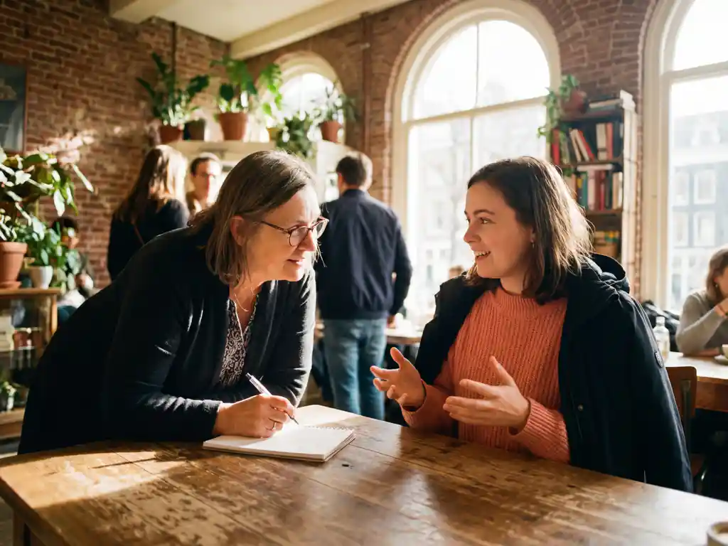 Onderzoeker met notitieboek in gesprek met jonge vrouw aan houten café tafel in Amsterdam, warme middag licht