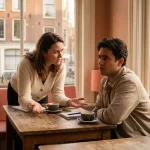 Onderzoeker en deelnemer in gesprek in Amsterdam café, deelnemer toont verwarring met open handgebaren