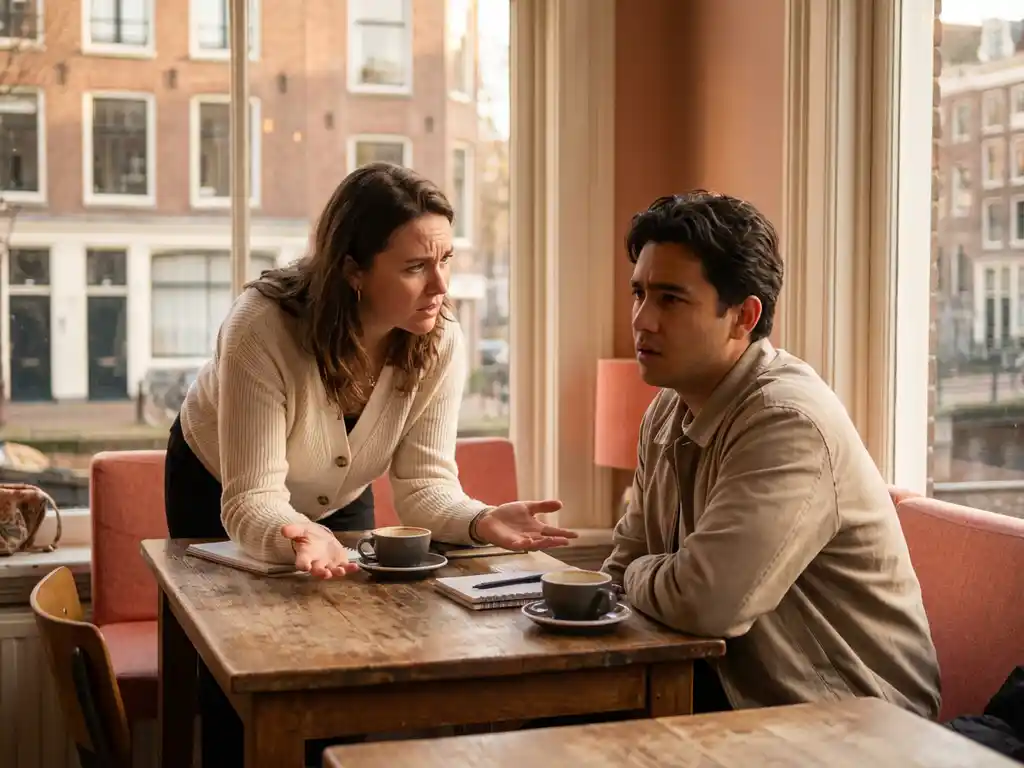 Onderzoeker en deelnemer in gesprek in Amsterdam café, deelnemer toont verwarring met open handgebaren