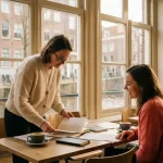 Onderzoeker bestudeert aantekeningen tijdens gesprek met deelnemer in warm Amsterdam café, zachte middaglicht door ramen