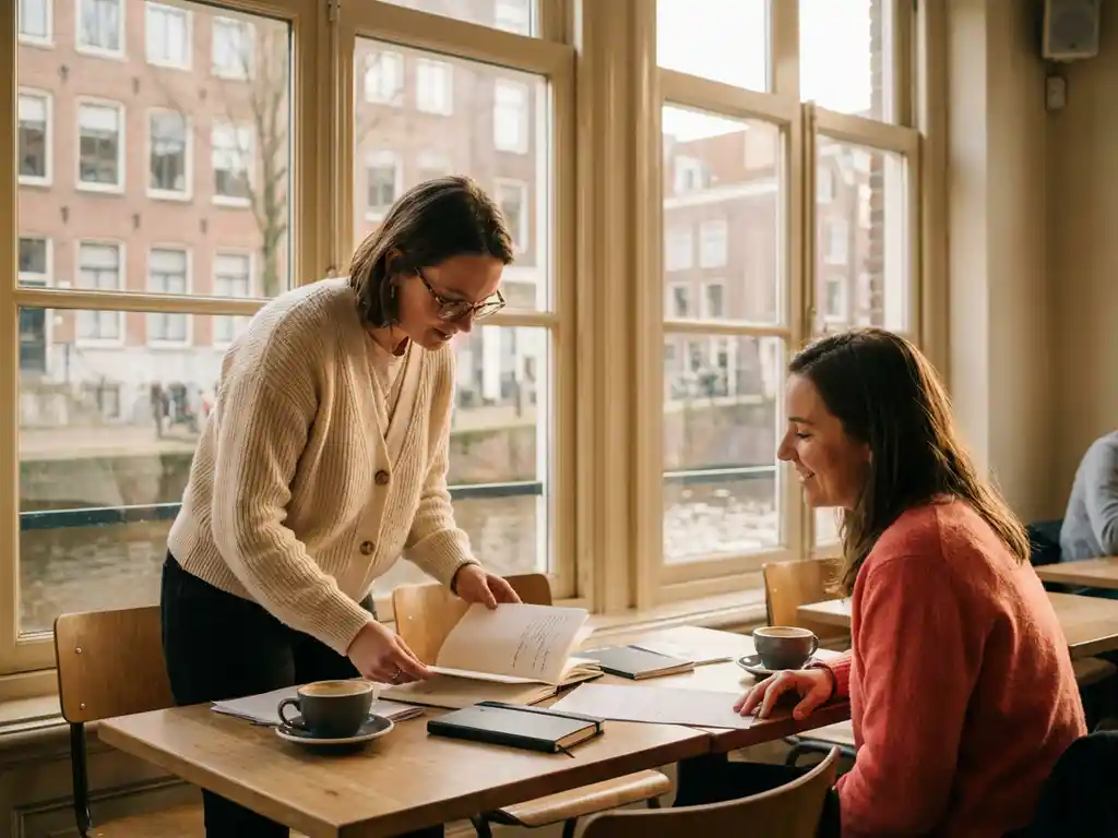 Onderzoeker bestudeert aantekeningen tijdens gesprek met deelnemer in warm Amsterdam café, zachte middaglicht door ramen