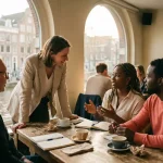 Onderzoeker luistert aandachtig naar drie diverse gesprekspartners aan houten café tafel in Amsterdam daglicht