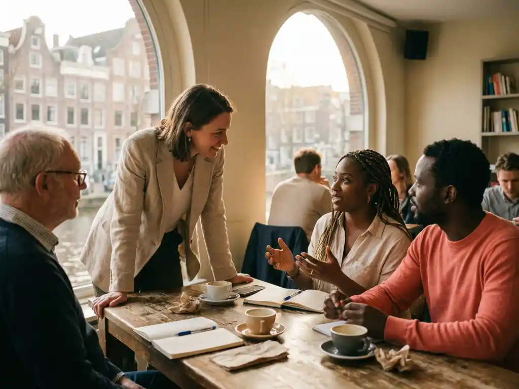 Onderzoeker luistert aandachtig naar drie diverse gesprekspartners aan houten café tafel in Amsterdam daglicht