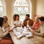 Diverse groep mensen bestudeert identieke witte productpakketten op houten cafétafel, verward door gebrek aan onderscheidende kenmerken