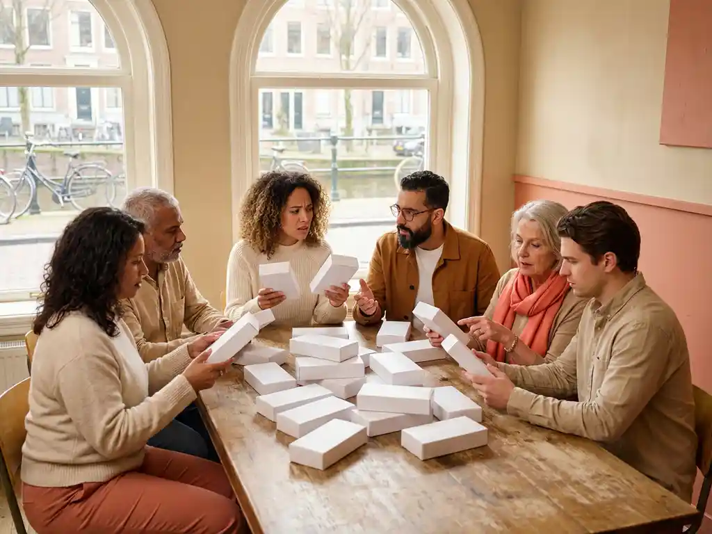 Diverse groep mensen bestudeert identieke witte productpakketten op houten cafétafel, verward door gebrek aan onderscheidende kenmerken