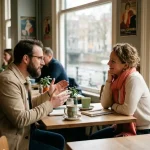 Twee professionals in levendig gesprek in warm Amsterdam café, een persoon gebarend terwijl de ander aandachtig luistert