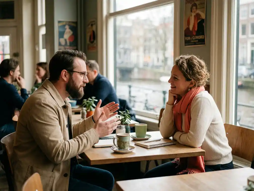 Twee professionals in levendig gesprek in warm Amsterdam café, een persoon gebarend terwijl de ander aandachtig luistert