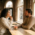 Twee professionals in gesprek aan houten cafétafel in Amsterdam, warme middagzon door grote ramen
