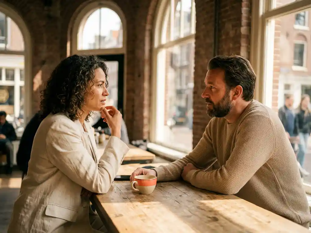 Twee professionals in gesprek aan houten cafétafel in Amsterdam, warme middagzon door grote ramen