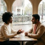Twee professionals in gesprek aan houten cafétafel in Amsterdam, natuurlijk licht door grote ramen