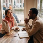 Twee professionals in gesprek aan houten café tafel in Amsterdam, één persoon gebarend, ander luisterend met koffie en notitieboek