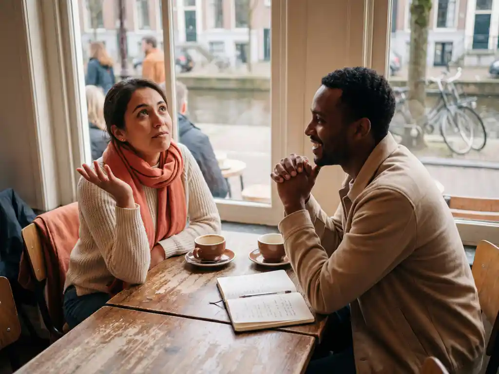 Twee professionals in gesprek aan houten café tafel in Amsterdam, één persoon gebarend, ander luisterend met koffie en notitieboek