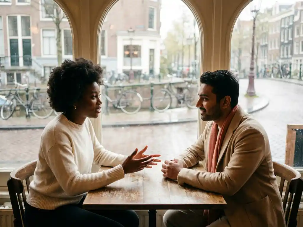 Twee professionals in gesprek aan houten cafétafel in Amsterdam, natuurlijk licht door grote ramen